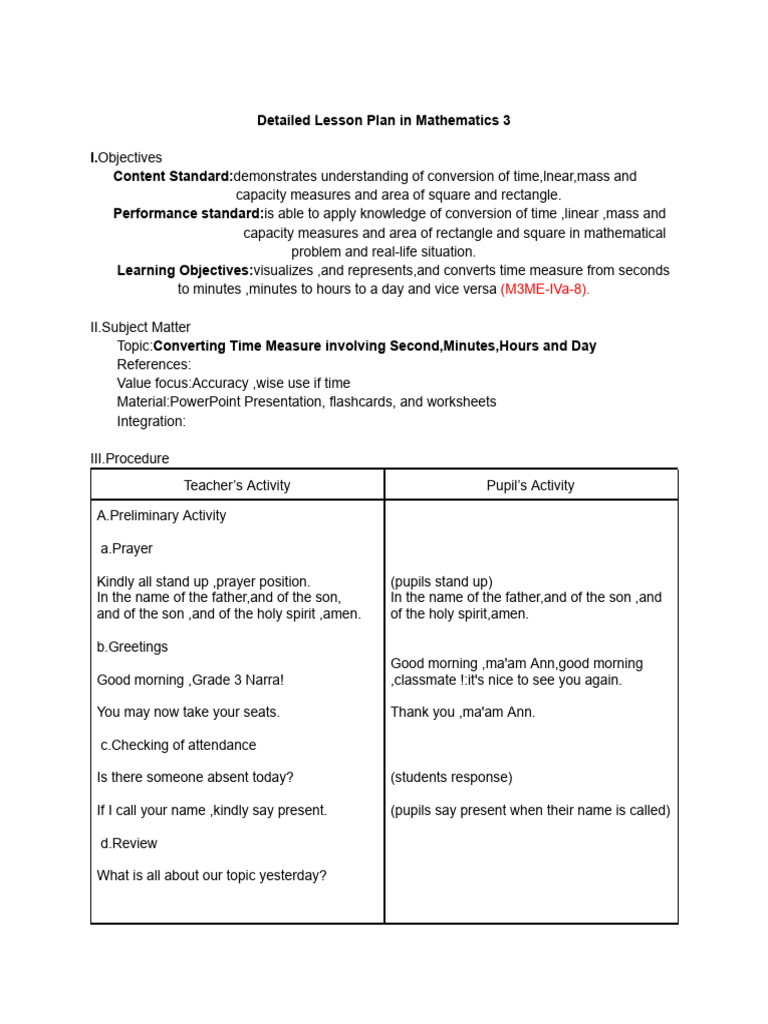 Detailed Lesson Plan in Mathematics 3 | PDF | Lesson Plan | Cognition
