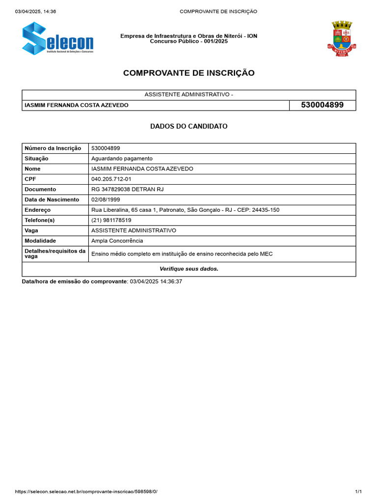 Comprovante de Inscrição - Concurso ION | PDF