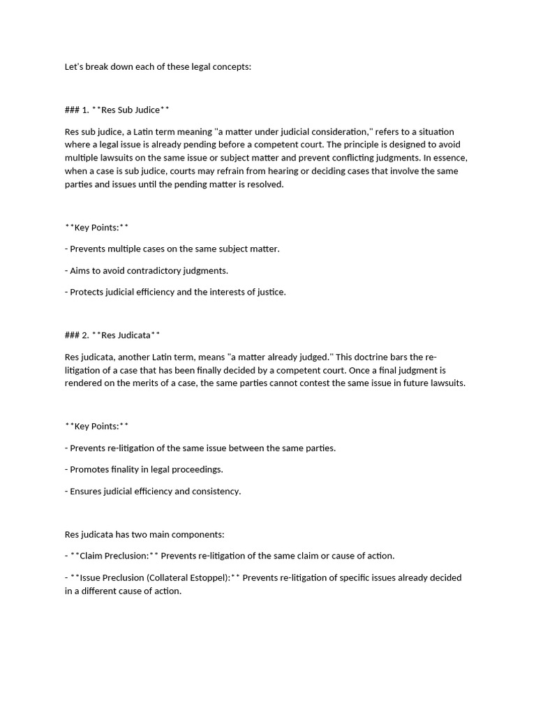 Legal Concepts: Res Sub Judice & More | PDF | Collateral Estoppel | Res ...