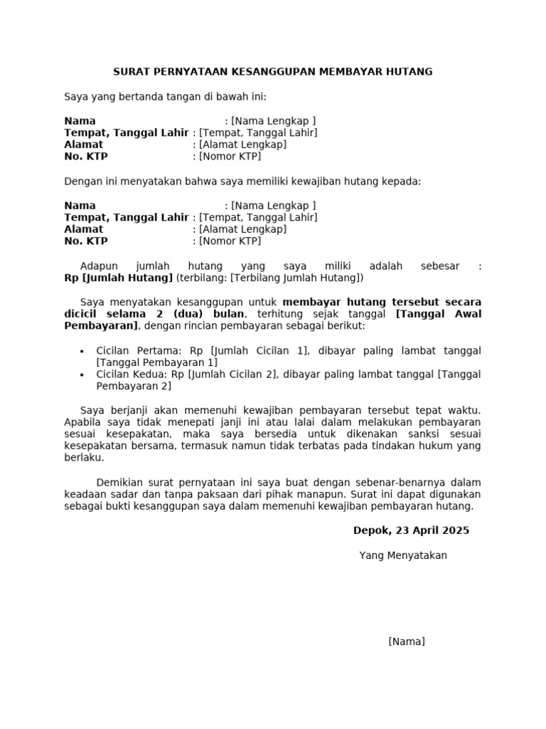 Surat Pernyataan Sanggup Membayar Hutang | PDF