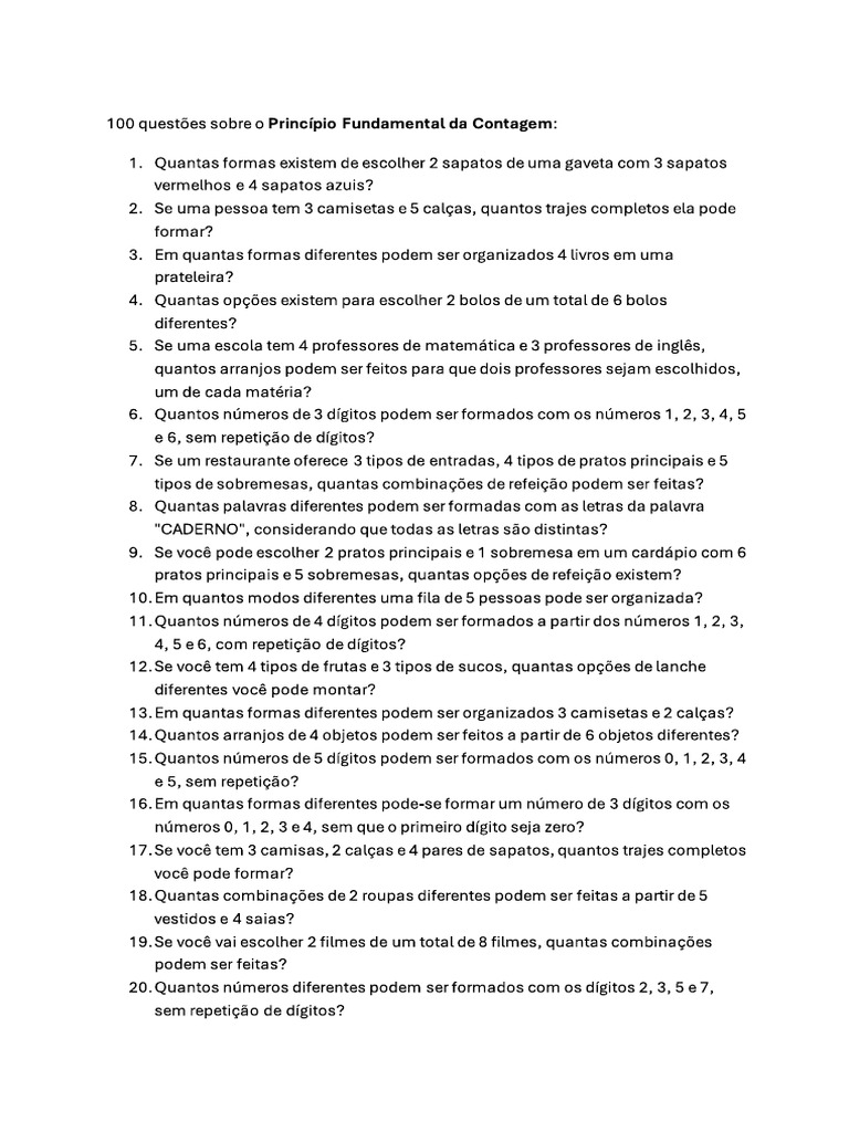 100 Questões de Princípio Fundamental Da Contagem | PDF