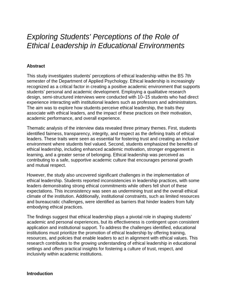 Students' Views on Ethical Leadership in Education | PDF | Leadership ...