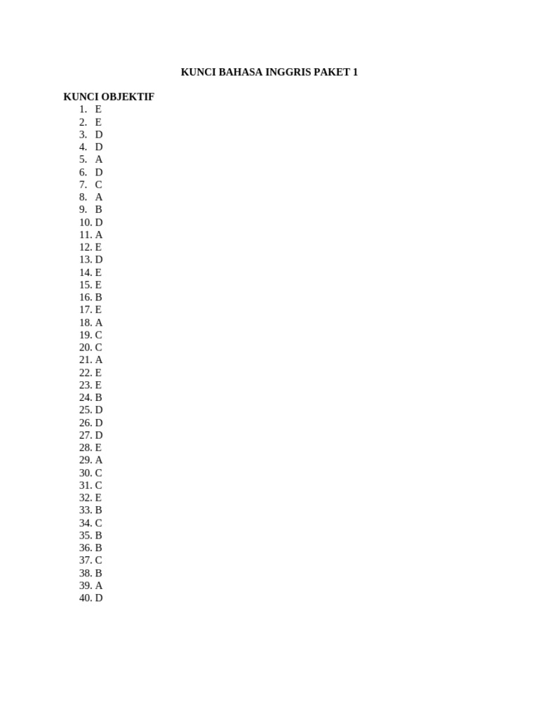 Kunci Bahasa Inggris Paket 1 | PDF