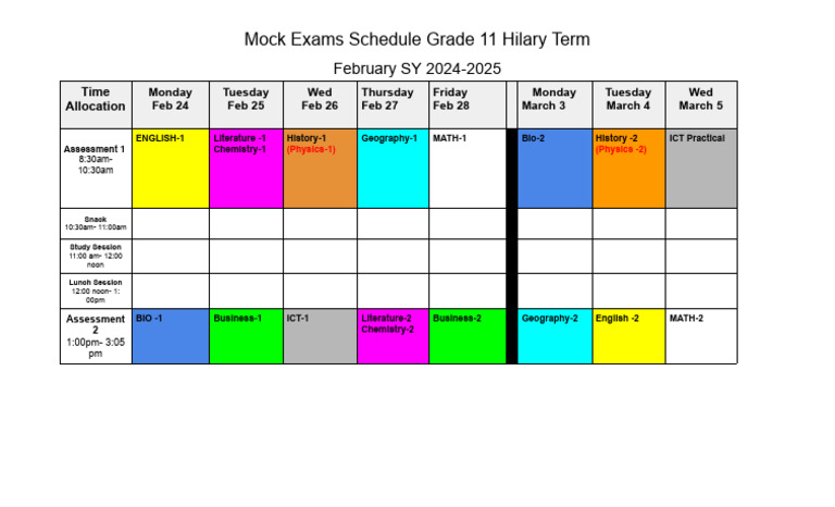 Grade 11 Mock Exam Schedule 2025 | PDF
