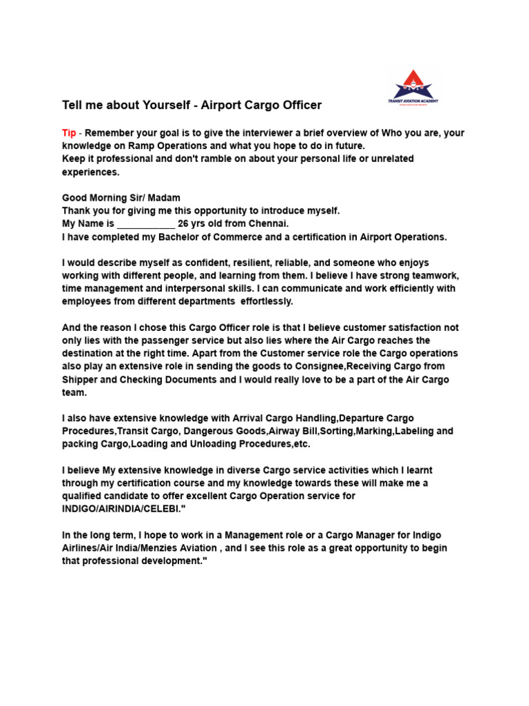Self Introduction for Cargo Officer Role | PDF