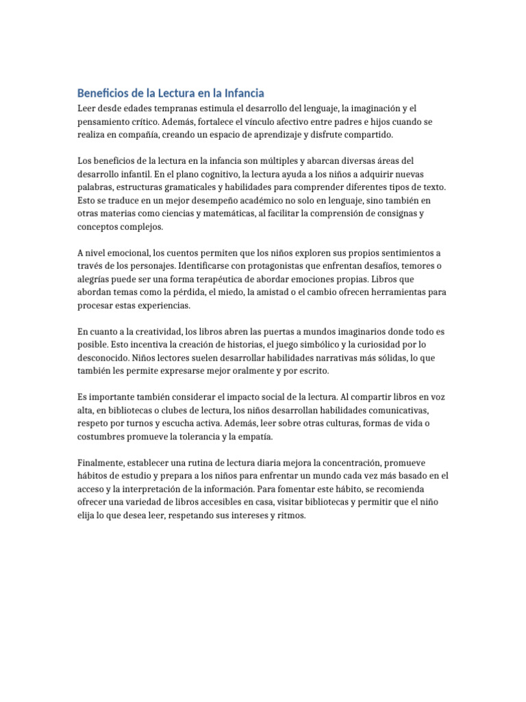 Beneficios de la Lectura Infantil | PDF