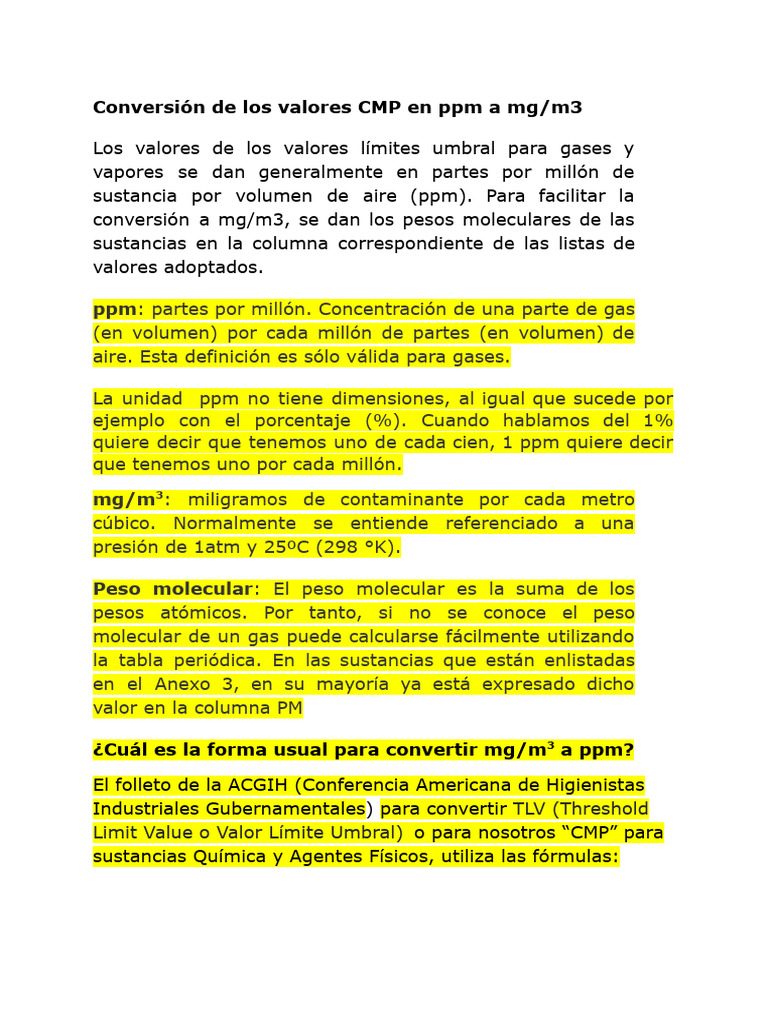 Conversión de CMP ppm a mg/m3 PDF Partes por notación Carcinógeno — free download
