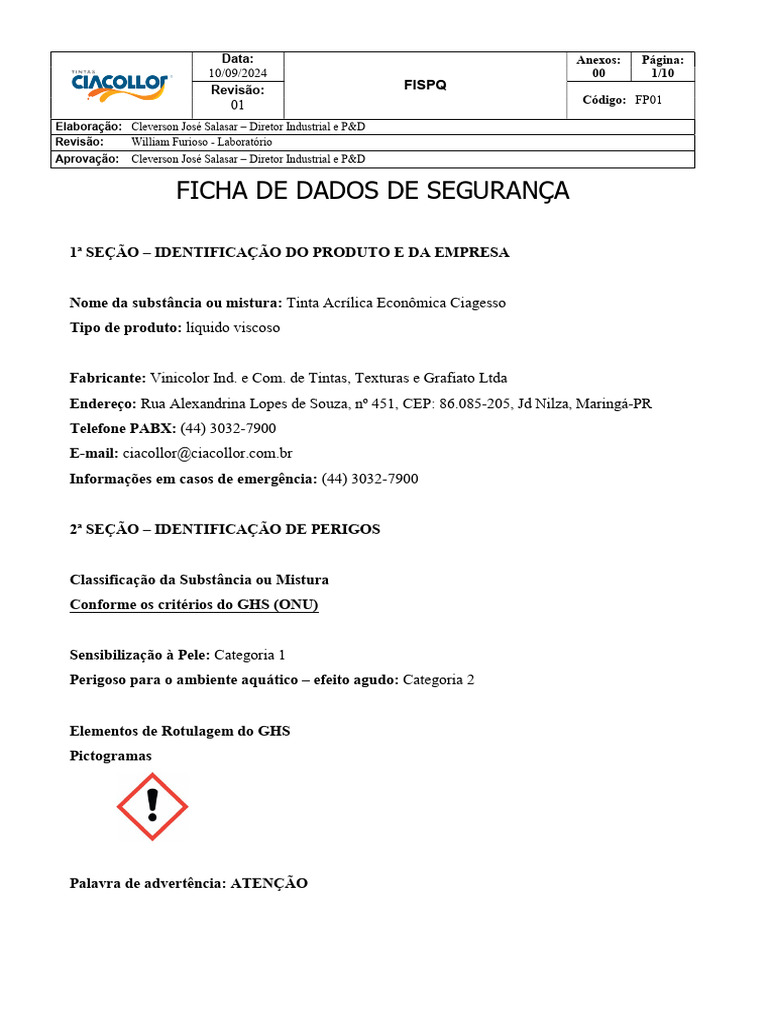 Ficha de Segurança: Tinta Acrílica Ciagesso | PDF