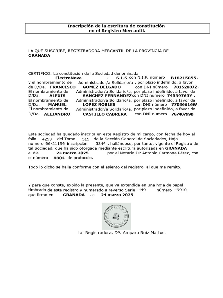 ElectroNova - Inscripción de La Escritura en El Registro Mercantil | PDF