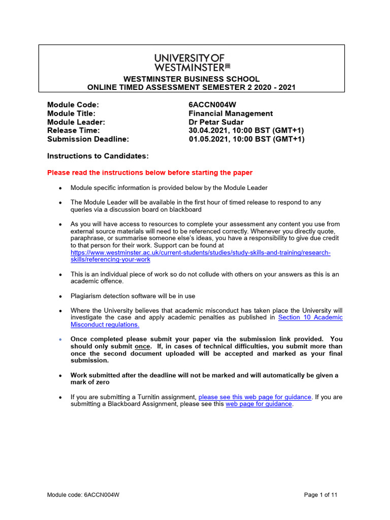 6ACCN004W Financial Management OTA (Exam) Paper 2020 - 2021 | PDF ...