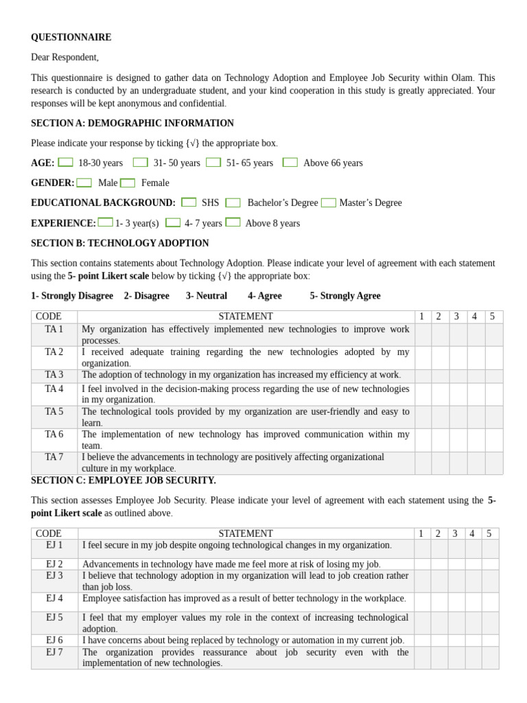 Olam Employee Job Security Survey | PDF | Adoption | Likert Scale