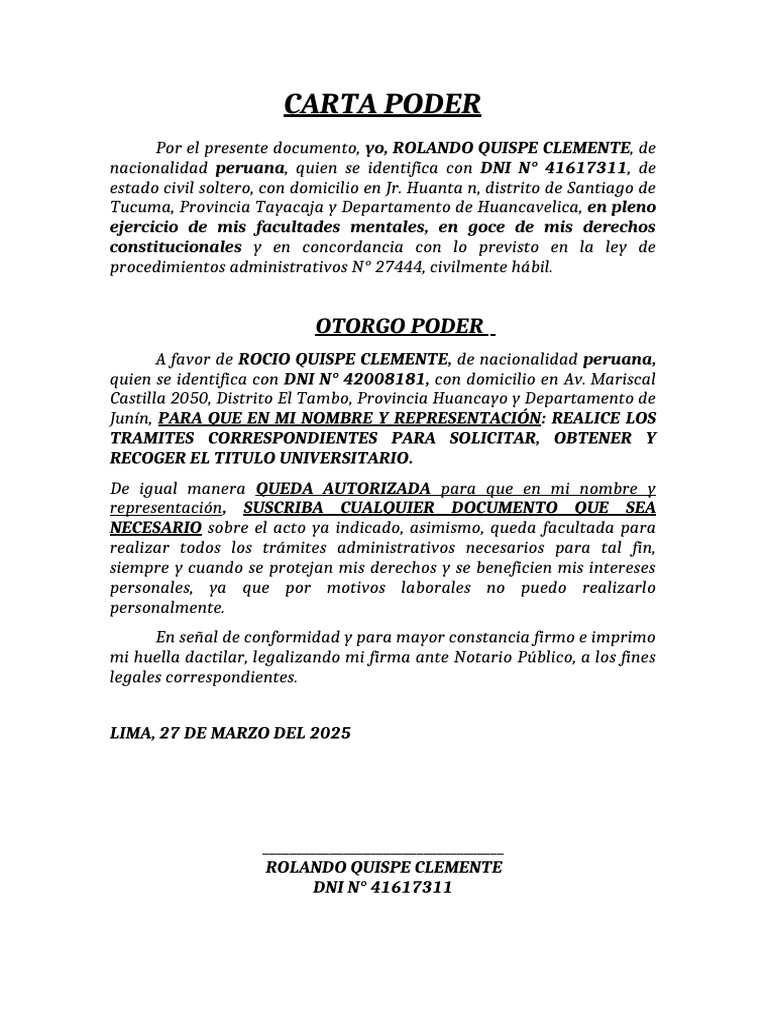 Carta Poder para Recoger Título Universitario | PDF