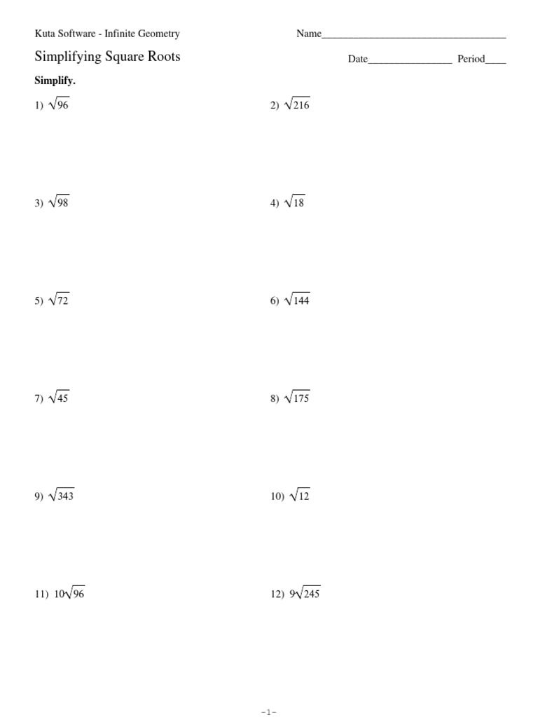 Simplifying Square Roots Worksheet | PDF | Mathematics
