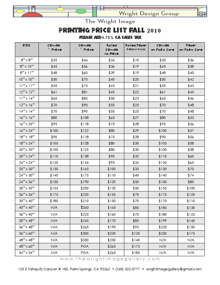 Fall 2010 Printing Price List | PDF