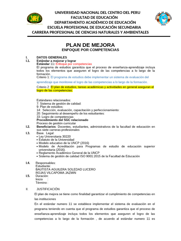 Plan de Mejora en Educación por Competencias | PDF | Plan de estudios ...