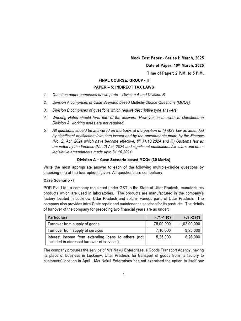 March 2025 Mock Test: Indirect Tax Laws | PDF | Value Added Tax | Taxes