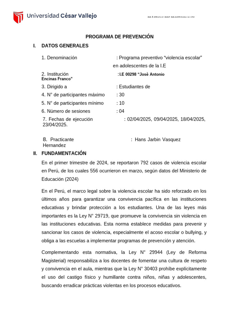 Programa de Prevención de Violencia Escolar | PDF | Las emociones ...