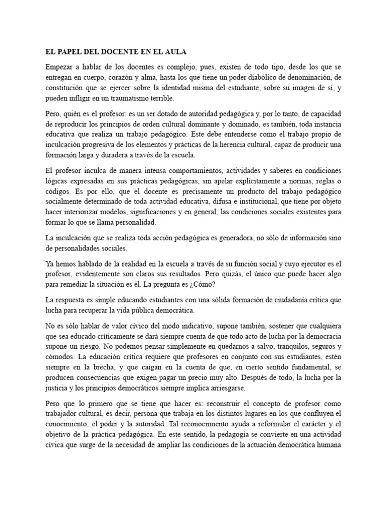 El Rol del Docente en la Educación Crítica | PDF | Maestros | Pedagogía