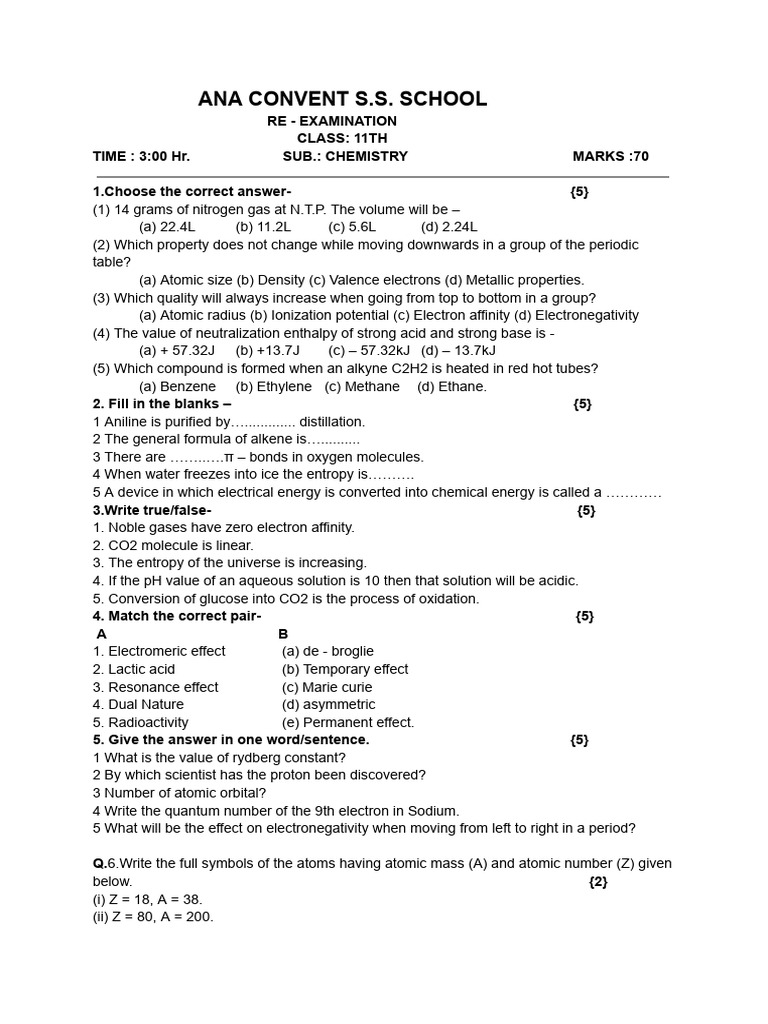 Class 11 Chemistry Re-Examination Paper | PDF | Molecules | Chemical Bond