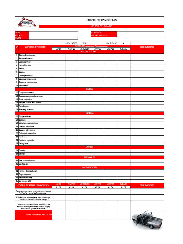 Checklist de Verificación para Camionetas | PDF | Tecnologías ...