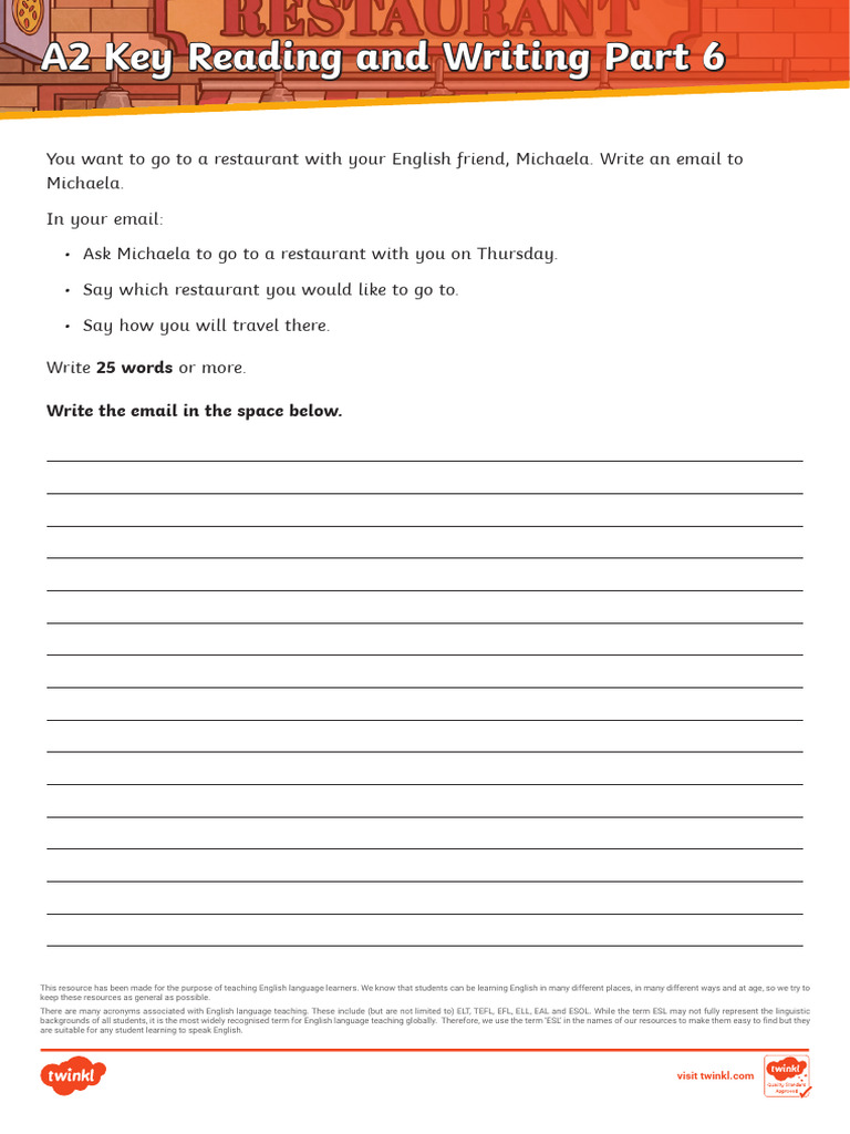T e 1682322687 Esl A2 Reading and Writing Part 6 Worksheet Restaurant ...