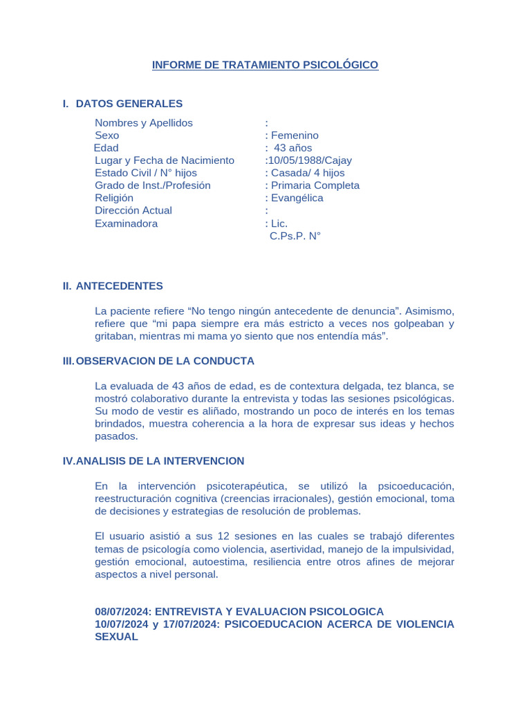 Informe de Tratamiento Psicológico Femenino | PDF | Las emociones ...