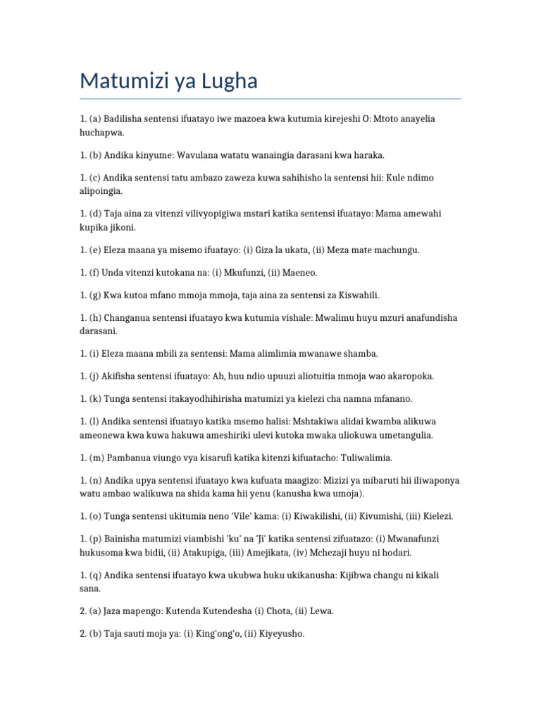 Matumizi Ya Lugha Questions | PDF