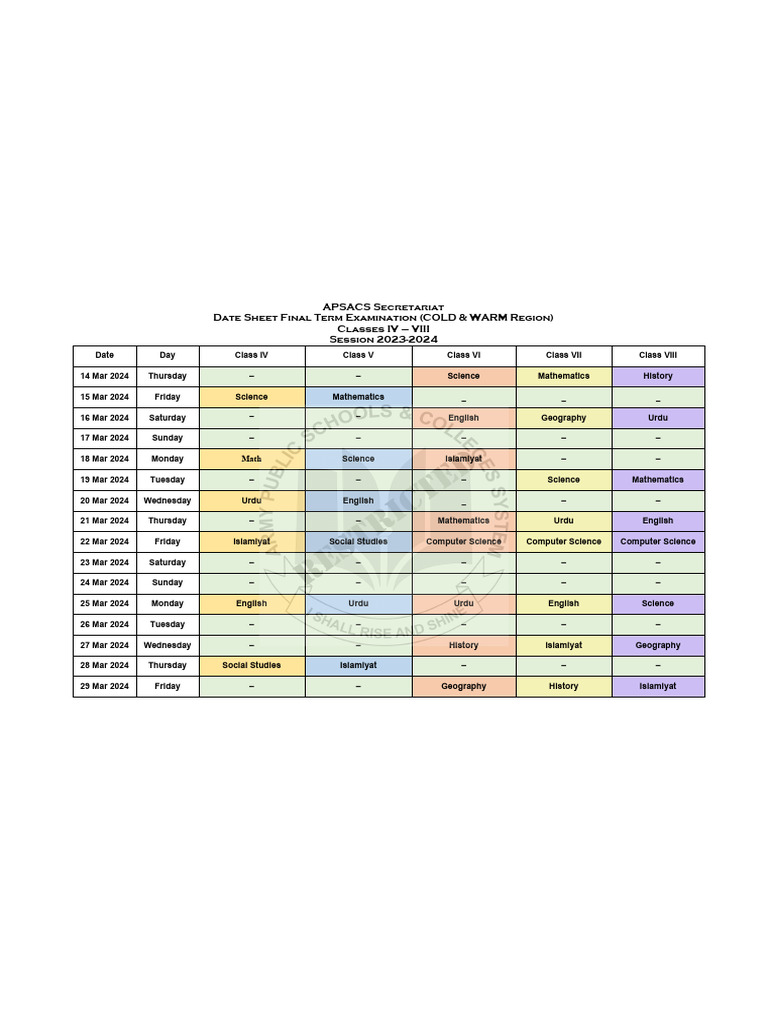 APSACS Final Exam Schedule 2024 | PDF