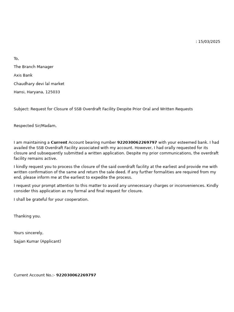 Overdraft Facility Closure Request | PDF