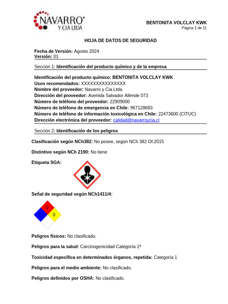 Hoja de Seguridad Bentonita Volclay KWK | PDF