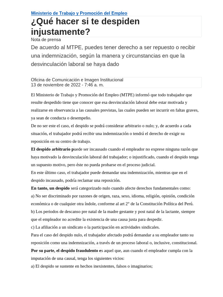 Ministerio de Trabajo y Promoción Del Empleo - DESPISO | PDF | Daños y ...