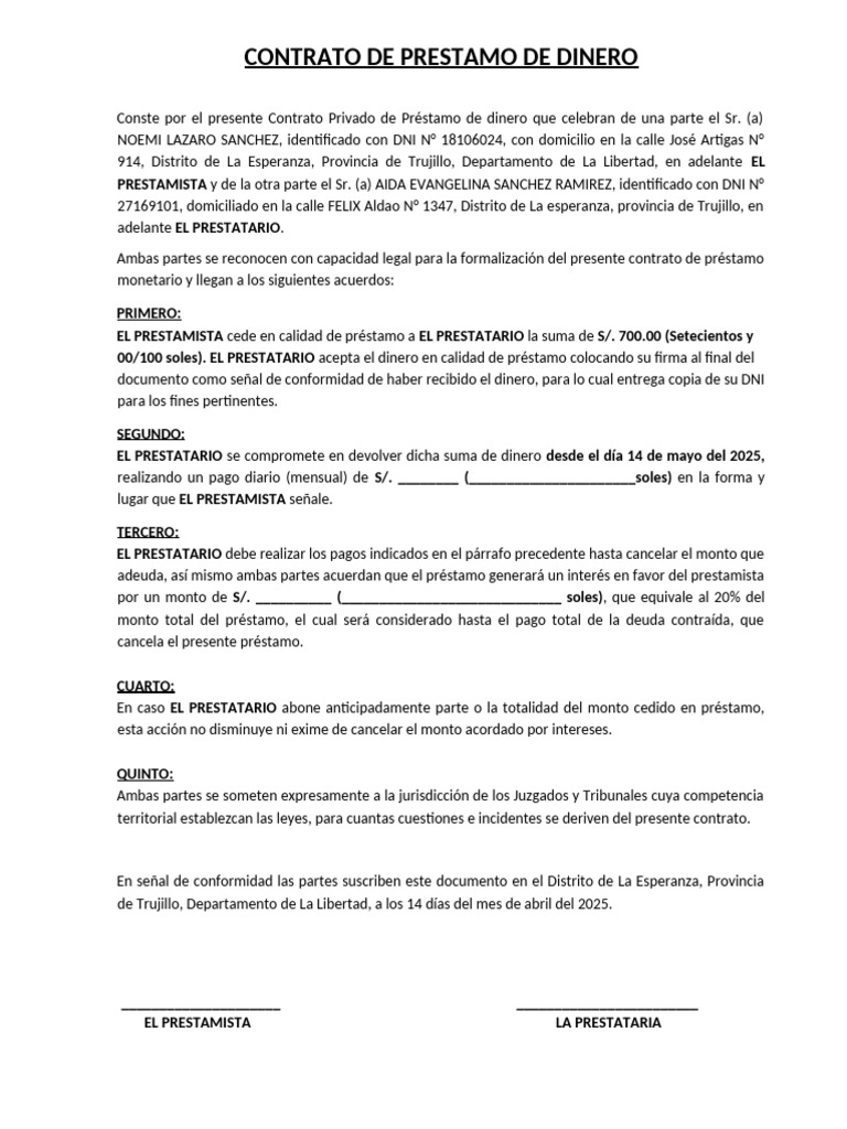 Contrato de Préstamo de Dinero | PDF