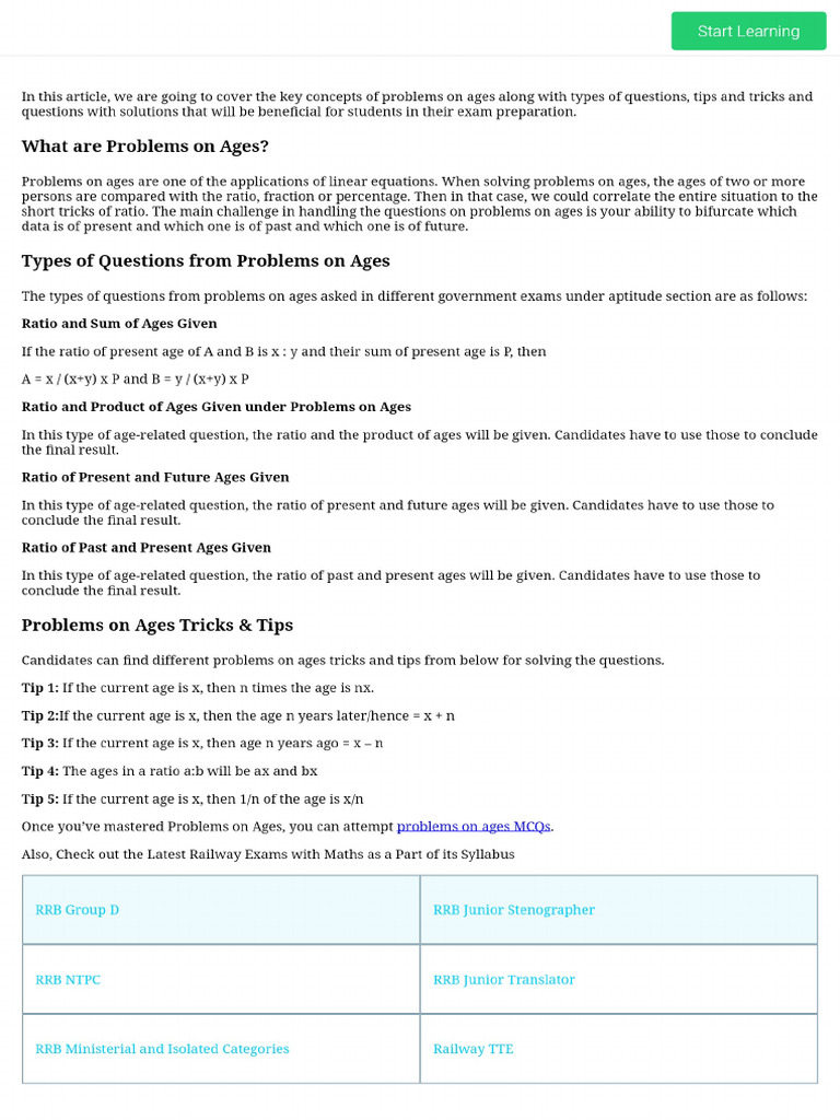Problems On Ages - Types of Problems, Questions With Solutions | PDF