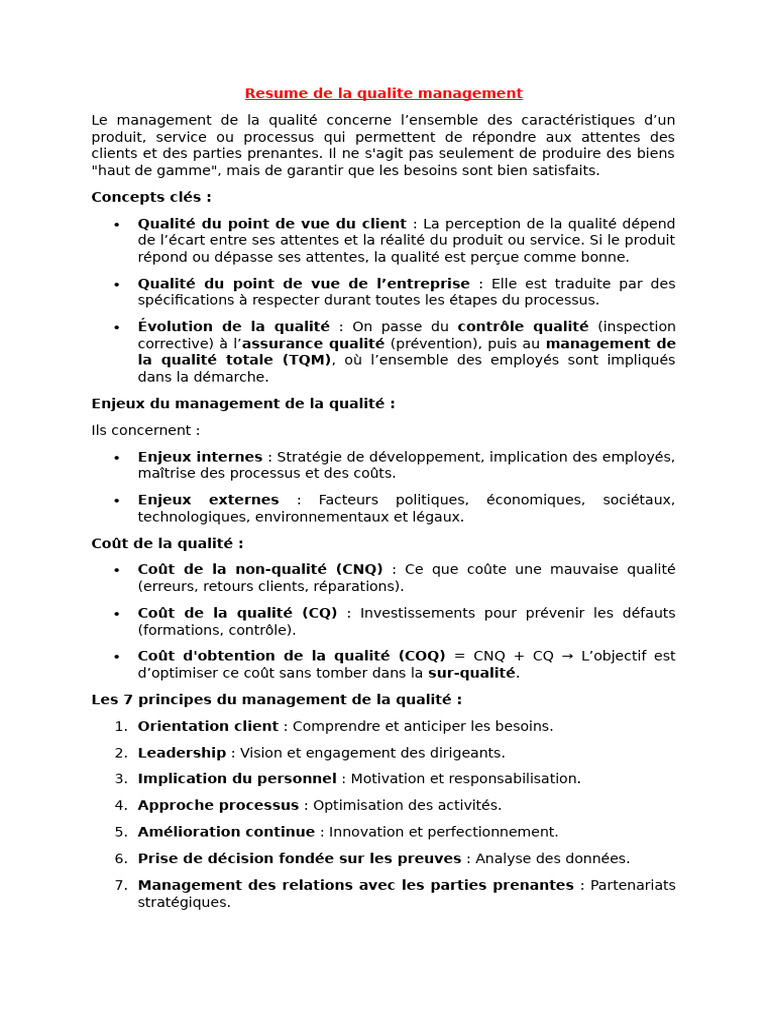 Management de la qualité : enjeux et principes | PDF
