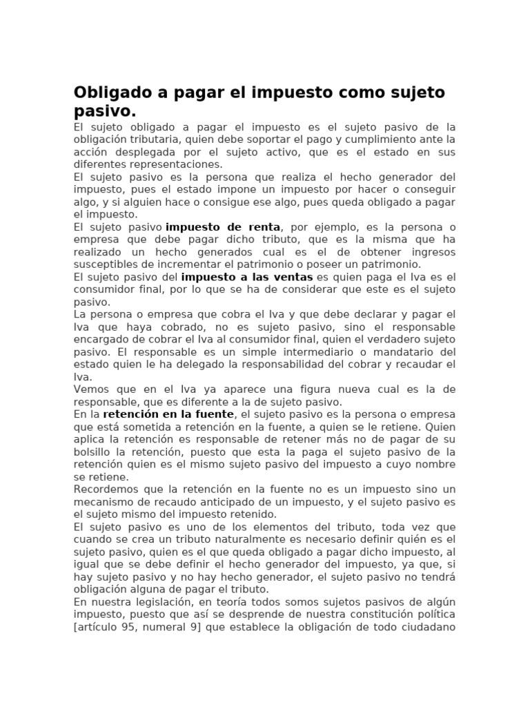 Sujeto Pasivo y Obligaciones Tributarias | PDF | Impuestos | Impuesto ...