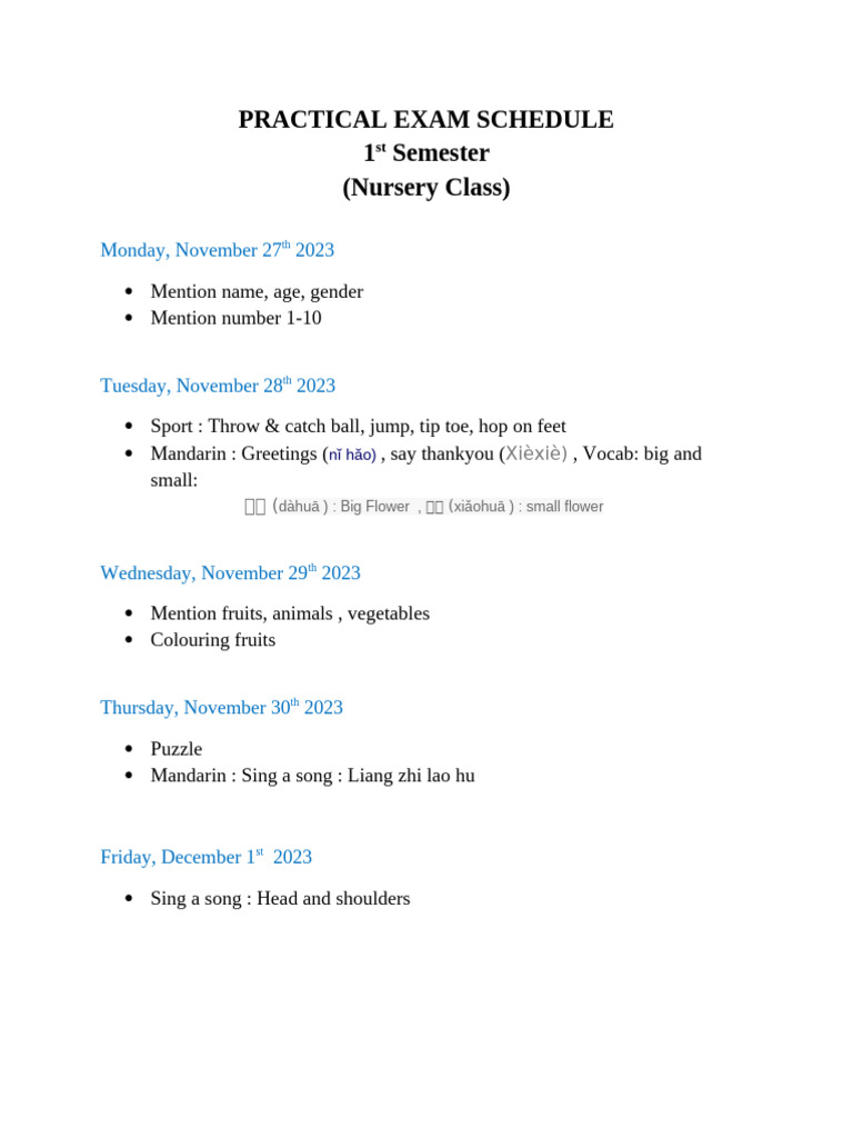 Nursery Class 1st Semester Exam Schedule | PDF