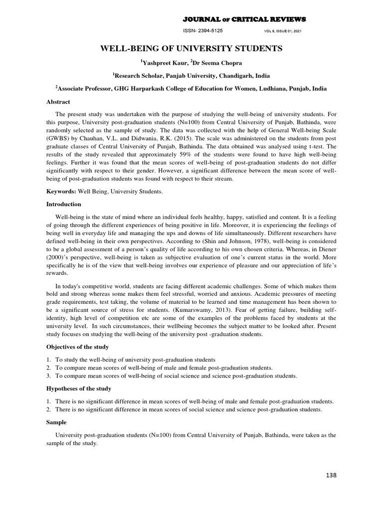 University Students' Well-Being Study | PDF | P Value | Well Being