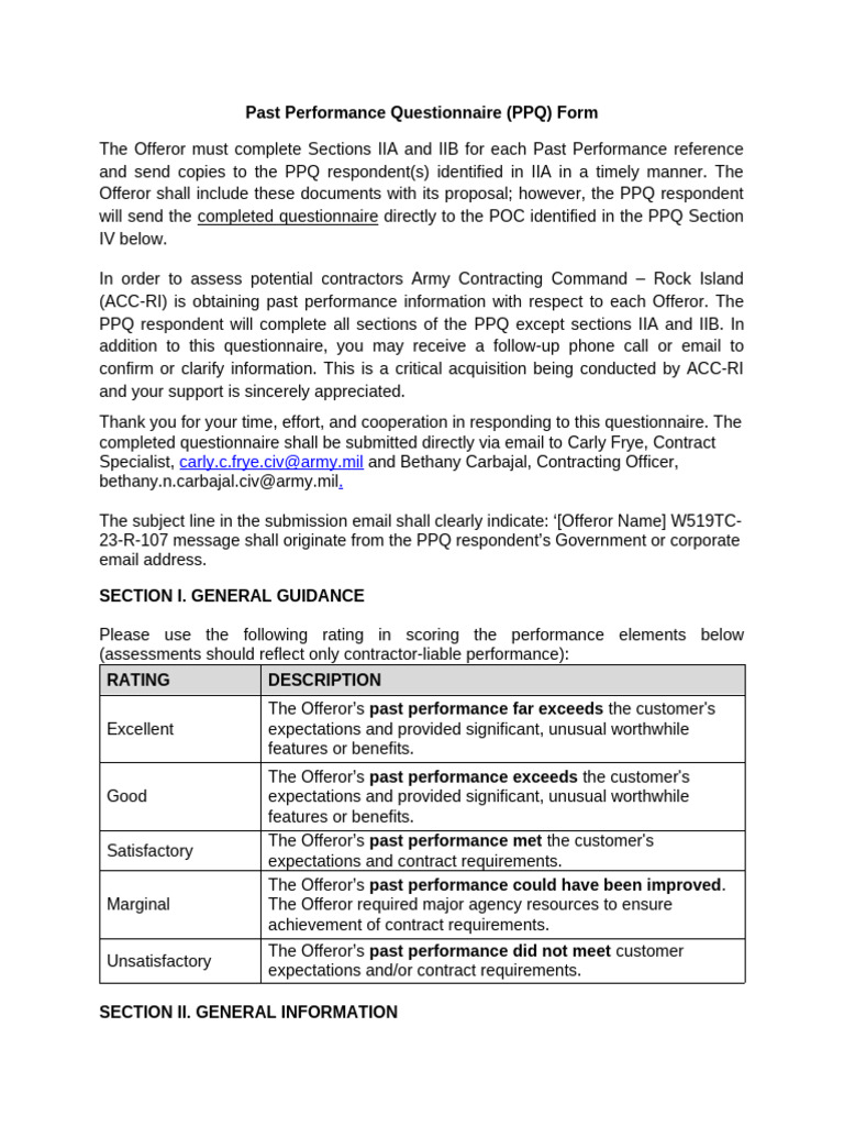 Army Past Performance Questionnaire | PDF | Offer And Acceptance | Business