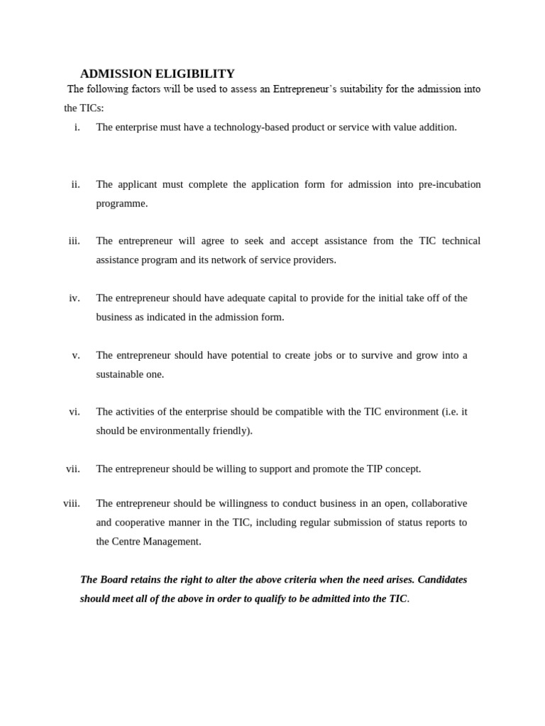TIC Admission Eligibility and Process Guide | PDF | Entrepreneurship