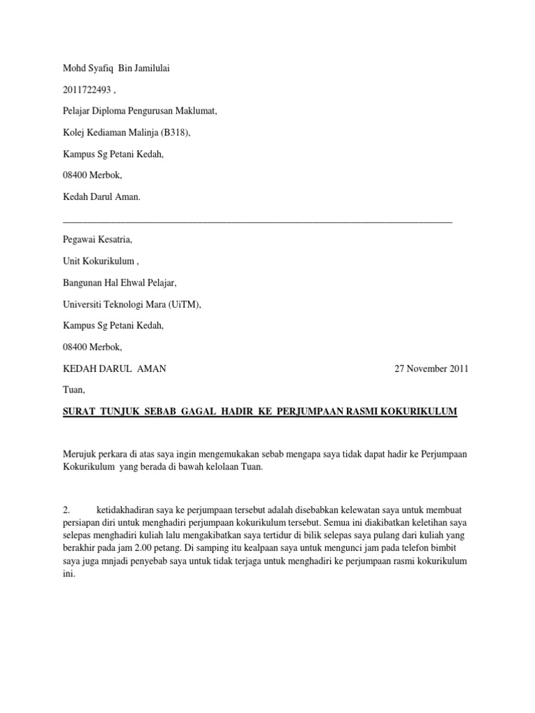 Surat Rasmi Ketidakhadiran Ke Kolej - Rasmi Ri Surat Rasmi Ketidakhadiran Ke Kolej - Rasmi Ri