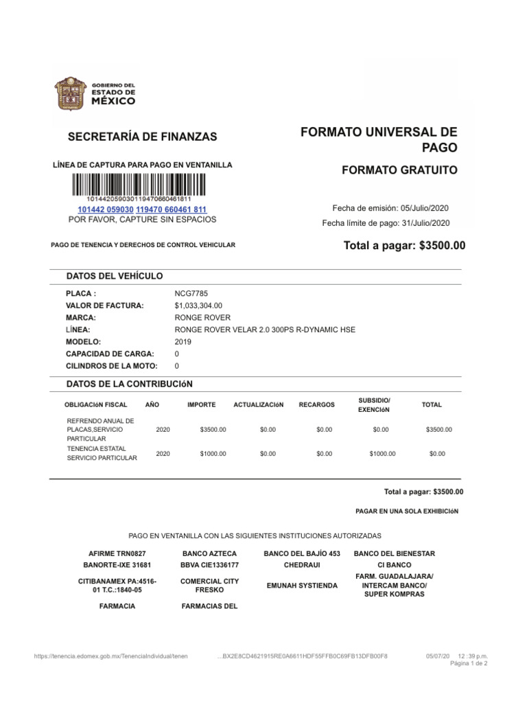 Pago de Tenencia Vehicular 2020 | PDF
