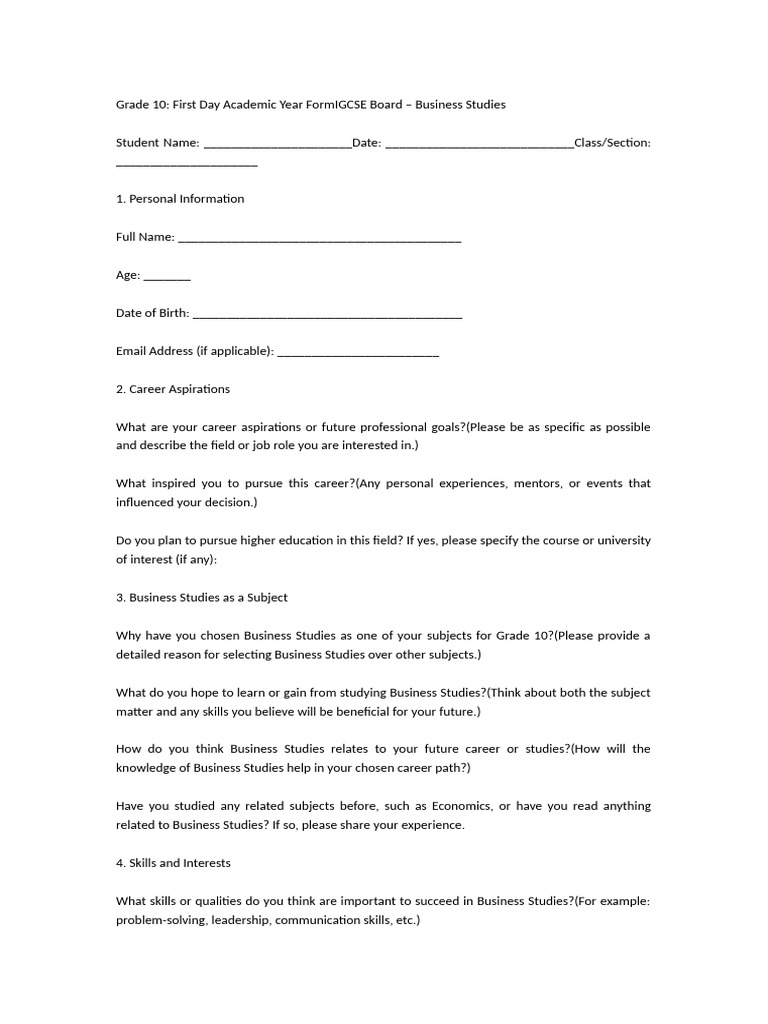 Grade 10 Business Studies Form | PDF
