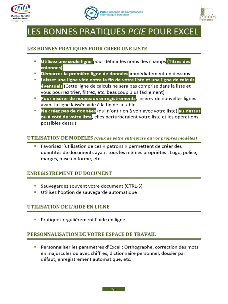 Bonnes pratiques Excel et raccourcis clés | PDF