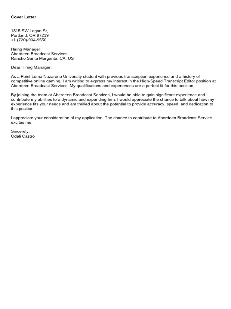 Cover Letter for Transcript Editor Position | PDF