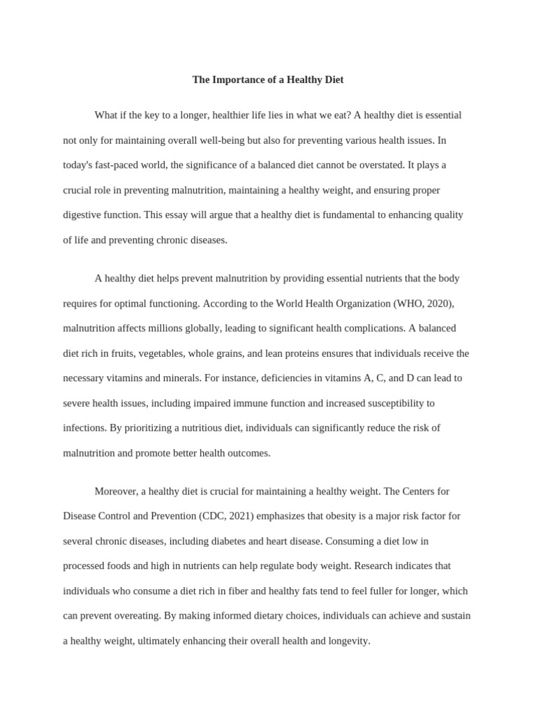 Argumentative Essay The Importance of A Healthy Diet | PDF | Diet ...