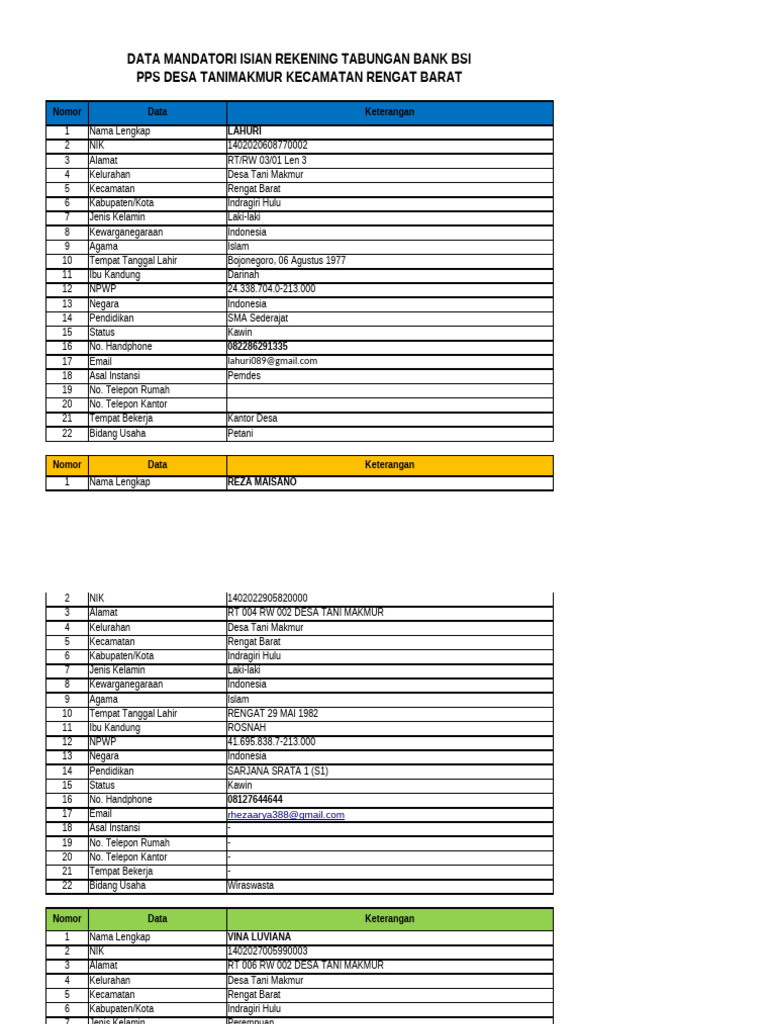 Data Rekening Tabungan Bank BSI Desa Tani Makmur | PDF