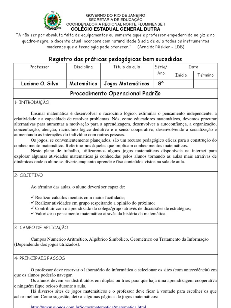 Jogos Matemáticos - 8º ano - Registro Prática Pedagógica