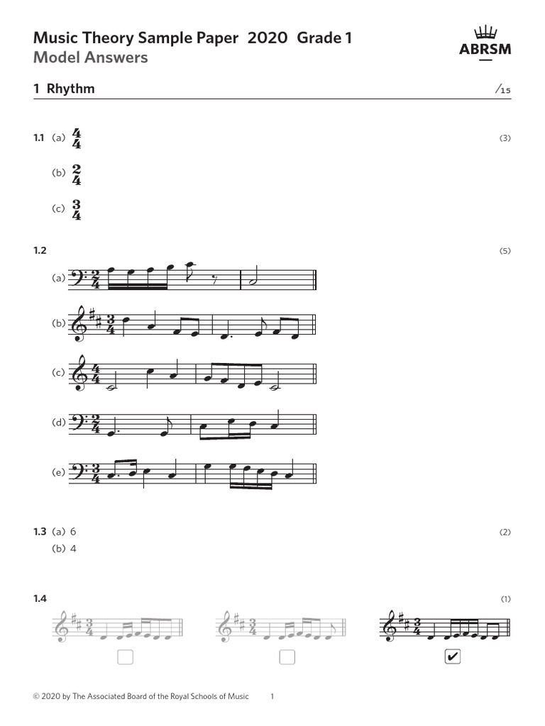 Music Theory Grade 1 Sample Model Answers 200825 | PDF