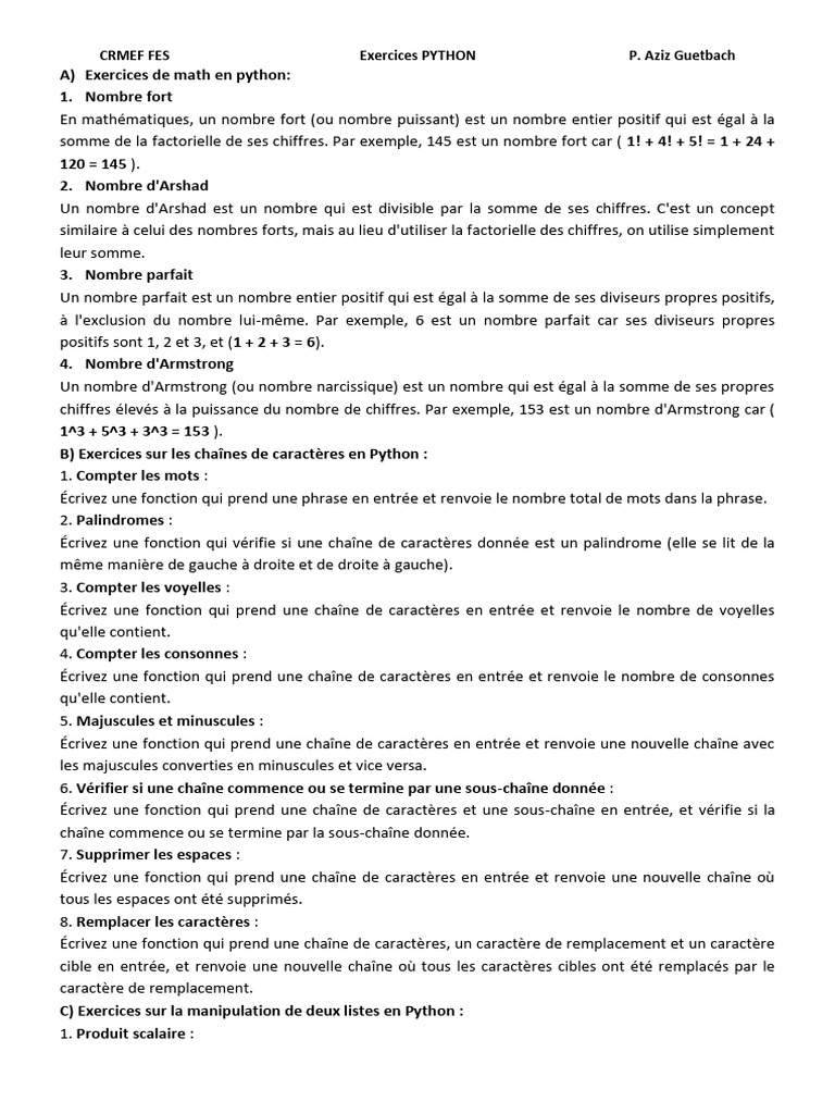 Exercices Python : Mathématiques et Listes | PDF | Somme (arithmétique ...