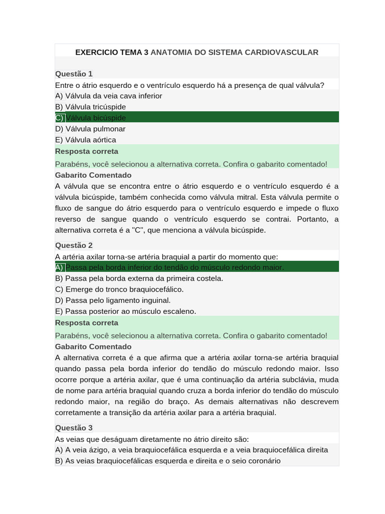 Exercicios Tema 3 Anatomia Do Sistema Cardiovascular | PDF | Veia ...